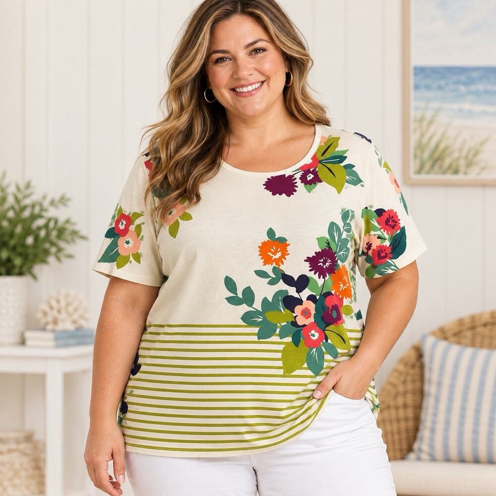 Spartina 449 Women’s XXL Floral Stripe Short Sleeve Top Cream CottageCore
